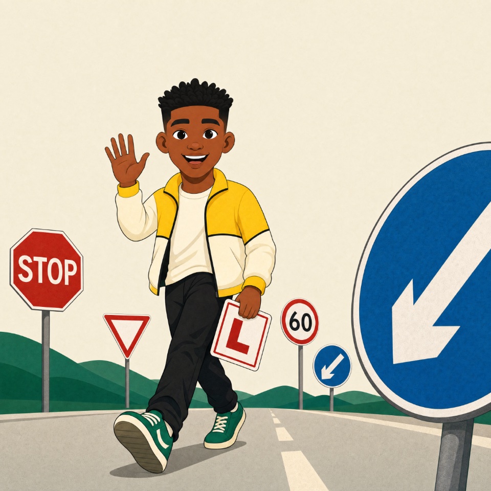 Tino waving on the road among real road signs
