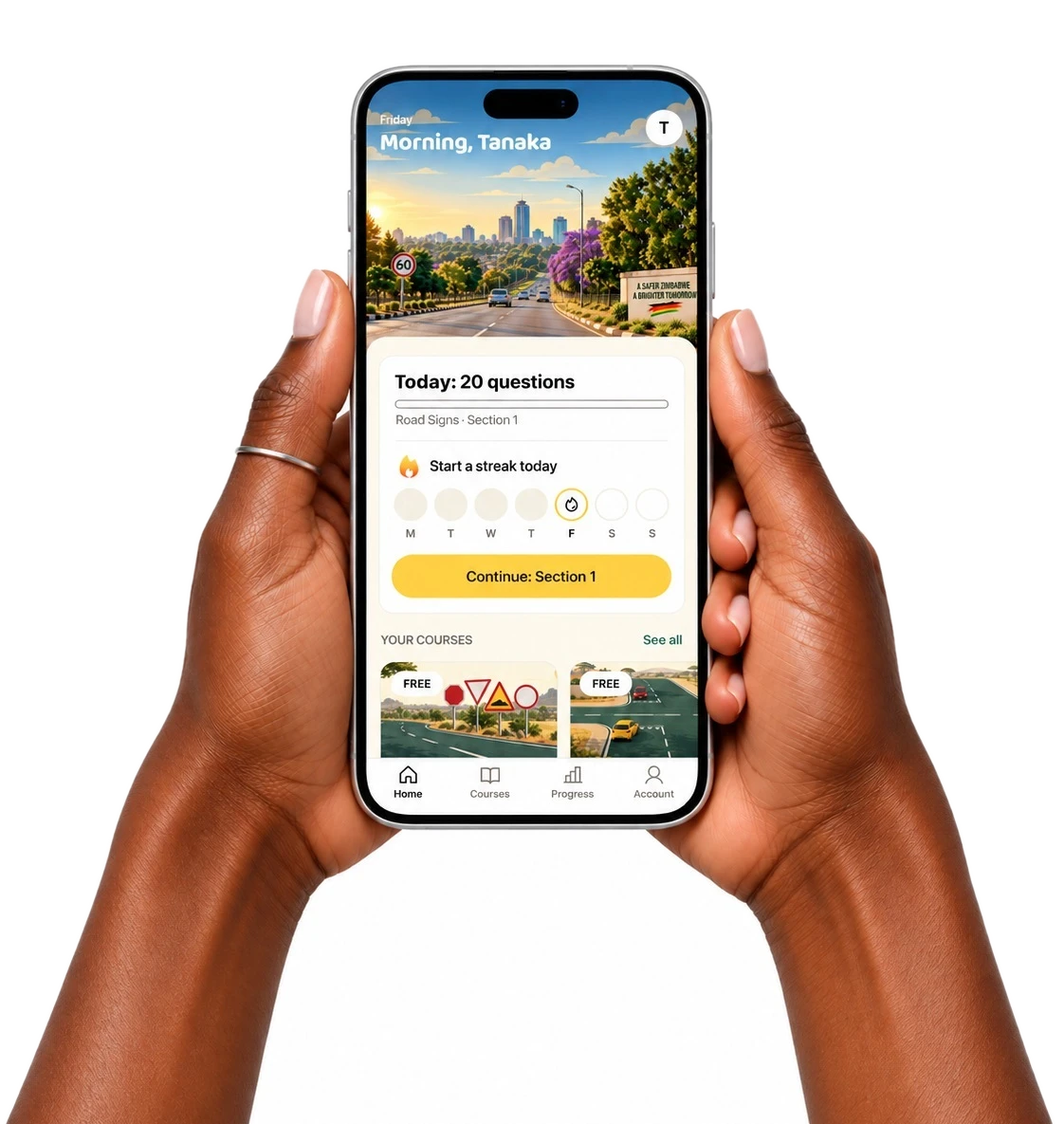 Two hands holding an iPhone open on the LANEUP home screen
