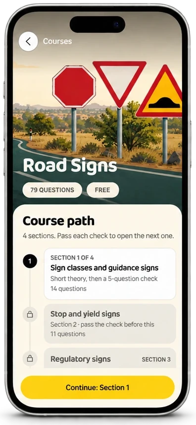 An iPhone showing the Road Signs course path with 4 sections
