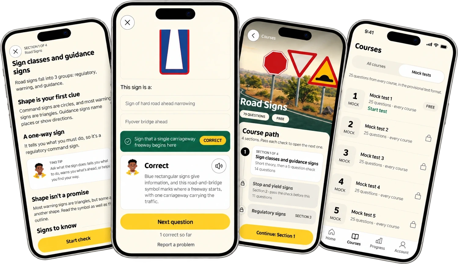 Four iPhones showing a theory section, a correct answer with Tino's explanation, the Road Signs course path and the Mock tests list