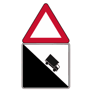 Steep hill down, heavy vehicles road sign