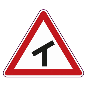 Skew T-junction (left) road sign